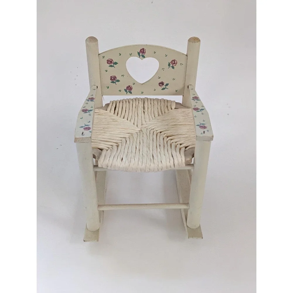 Vintage Miniature Wooden Rocking Chair Heart Cutout Rose Floral Woven Seat 8